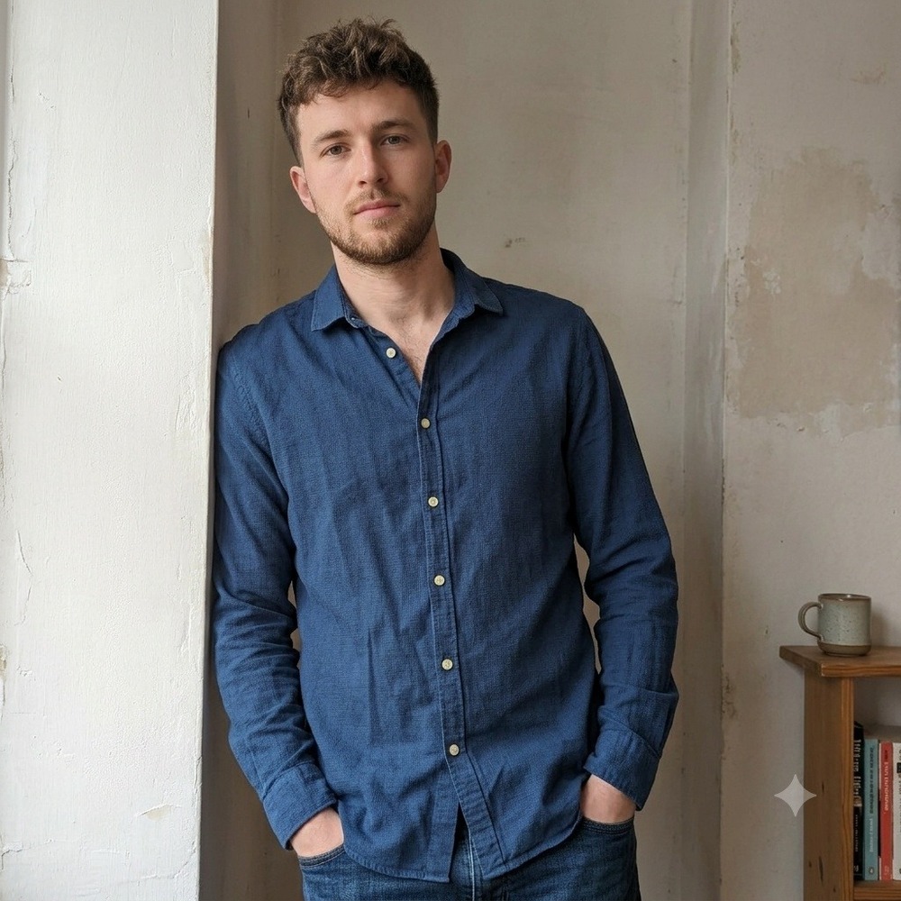 Oliver Spencer Men Shirt 15.5 Blue Long Sleeve Button Down Organic Cotton Casual